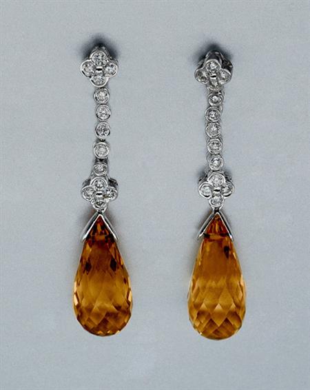 Lot image - Pair of Citrine and Diamond Pendant-Earrings