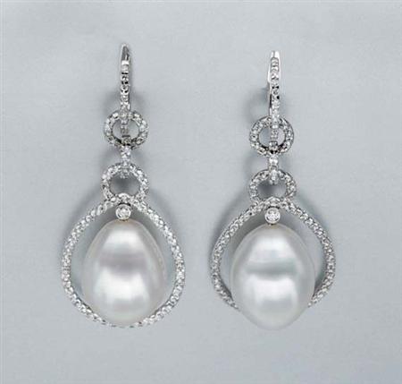 Lot image - Pair of Cultured Pearl and Diamond Pendant-Earrings