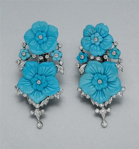 Lot image - Pair of Turquoise and Diamond Flower Earrings