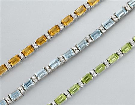 Lot image - Three Peridot, Aquamarine, Citrine and Diamond Bracelets