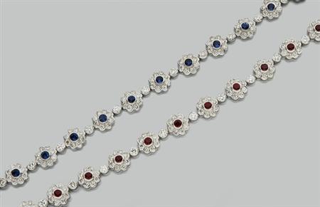 Lot image - Pair of Ruby, Sapphire and Diamond Floret Bracelets