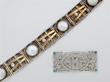 Lot image - Silver and Mother-Of-Pearl Bracelet and Marcasite Brooch