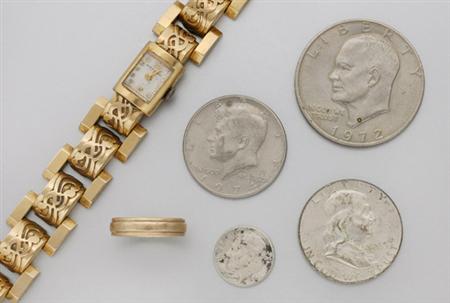 Lot image - Gold Wristwatch and Band Ring and Group of Assorted U.S. Coins