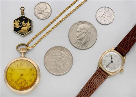 Lot image - A Lot of Assorted Watches, Metal Jewelry and Coins