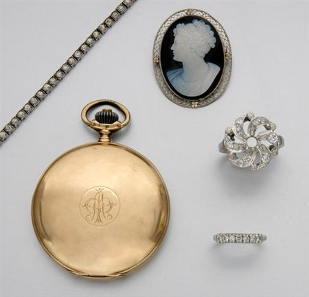 Lot image - Group of Assorted Gold and Metal Jewelry and Pocket Watch