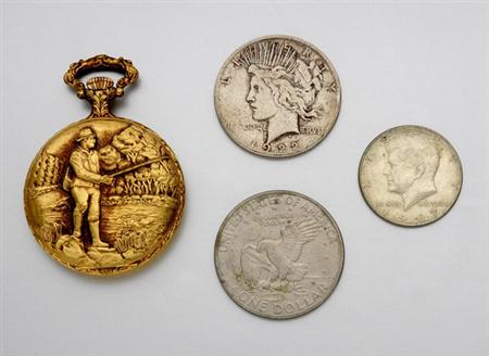 Lot image - Group of Assorted Jewelry, a Hunting Cased Pocket Watch and Coins