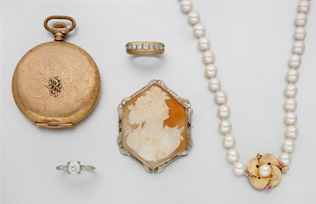 Lot image - Group of Assorted Jewelry and a Hunting Cased Pocket Watch