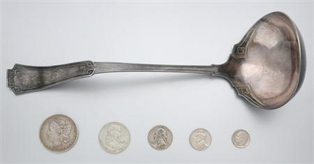 Lot image - Group of U.S. and Foreign Coins and a Metal Ladle