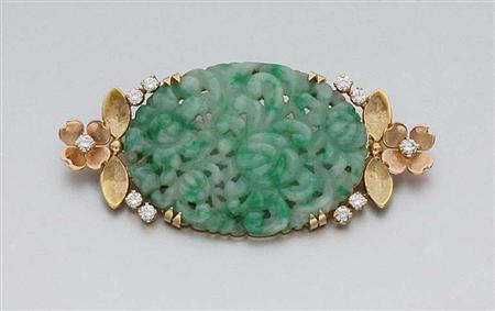 Lot image - Carved Jade and Diamond Brooch