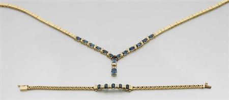Lot image - Gold, Diamond and Sapphire Necklace and Bracelet