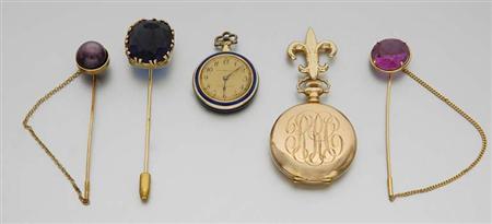Lot image - A Pendant Watch, Lapel Watch, Three Stick Pins and a Loose Star Ruby