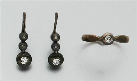 Lot image - Pair of Antique Diamond Pendant Earrings and Ring