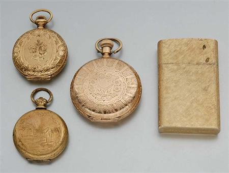 Lot image - Three Hunting Cased Pocket Watches, An Enamel Pendant Watch, a Lighter and Coins