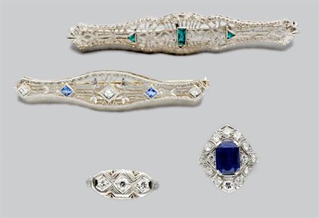 Lot image - Two Diamond Rings and Two Filigree Bar Pins