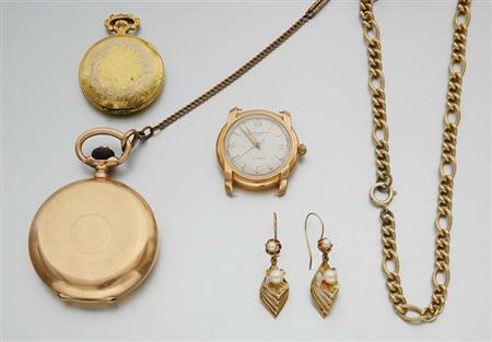 Lot image - A Hunting Cased Pocket Watch, Two Watches and Assorted Jewelry