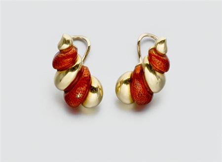 Lot image - Pair of Gold and Red Enamel Earclips