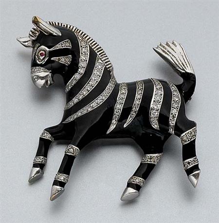 Lot image - Black Enamel and Diamond Zebra Brooch