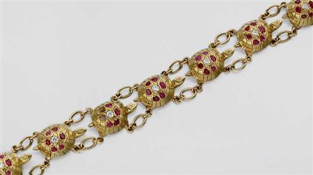 Lot image - Gold, Synthetic Ruby and Simulated Diamond Turtle Bracelet