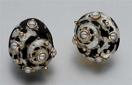 Lot image - Pair of Gold, Shell and Split Pearl Earrings