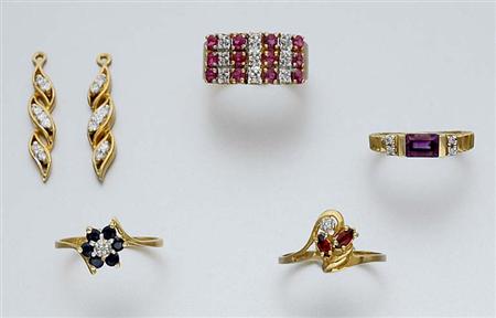 Lot image - Four Diamond and Gem-Set Rings and Pair of Diamond Pendants