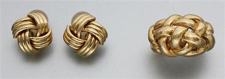 Lot image - Braided Gold Bombe Ring and Pair of Love Knot Earclips