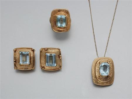 Lot image - Gold and Aquamarine Brooch and Ring and Pair of Blue Topaz Earclips