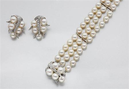 Lot image - Triple Strand Cultured Pearl Bracelet and Pair of Earclips
