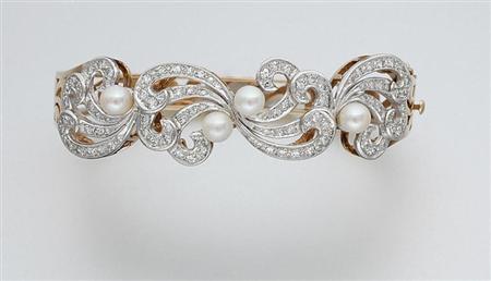 Lot image - Cultured Pearl and Diamond Bangle