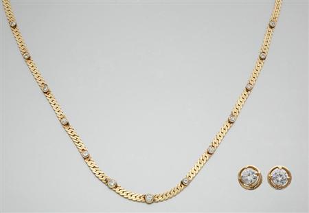 Lot image - Gold and Diamond Necklace and a Pair of Simulated Diamond Stud Earrings