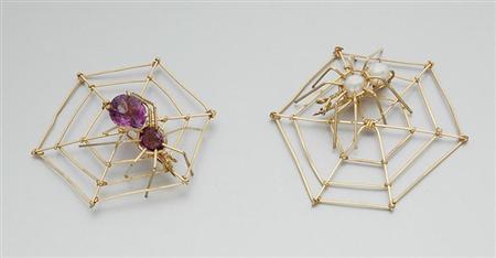 Lot image - Pair of Gold, Freshwater Pearl and Amethyst Spider and Spider Web Brooches