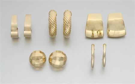 Lot image - Nine Pairs of Gold Earclips and One Pair of Metal Hoop Earrings