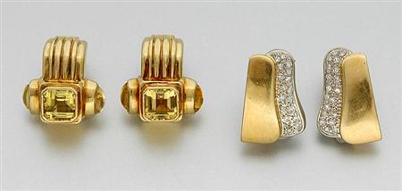 Lot image - Pair of Two-Color Gold and Diamond Earrings and Pair of Gold and Citrine Earclips