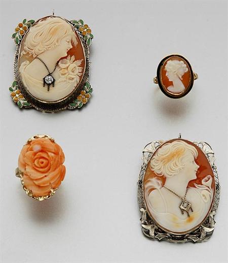 Lot image - Two Shell Cameo Brooches and Ring and One Carved Coral Ring