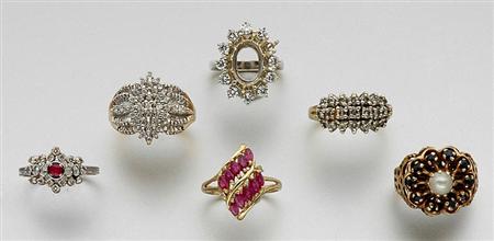 Lot image - Six Assorted Colored Stone and Diamond Rings