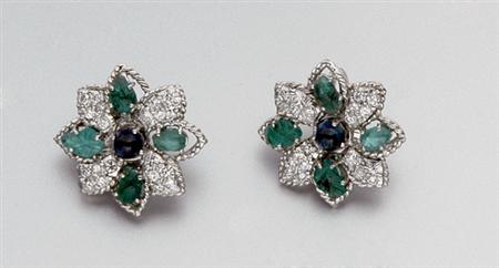 Lot image - Pair of Carved Emerald, Cabochon Sapphire and Diamond Flower Earclips