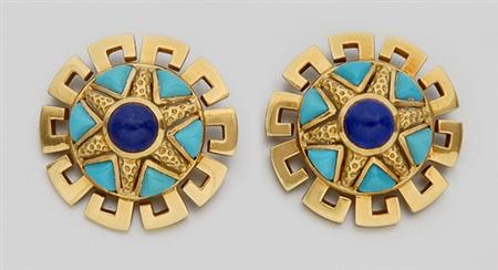 Lot image - Pair of Gold, Turquoise and Lapis Earclips