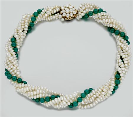 Lot image - Six Strand Biwa Pearl and Dyed Green Chalcedony Torsade Necklace