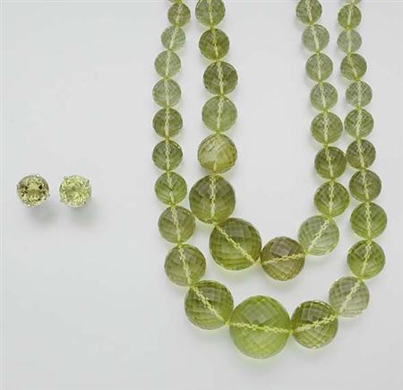 Lot image - Double Strand Lemon Quartz Bead Necklace and Pair of Earrings