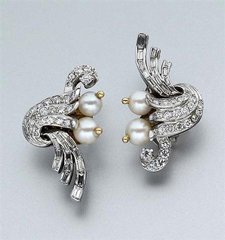 Lot image - Pair of Cultured Pearl and Diamond Earclips