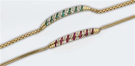 Lot image - Pair of Gold, Ruby, Emerald and Diamond Bracelets