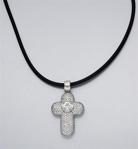 Lot image - Diamond Cross Pendant with Rubber Necklace