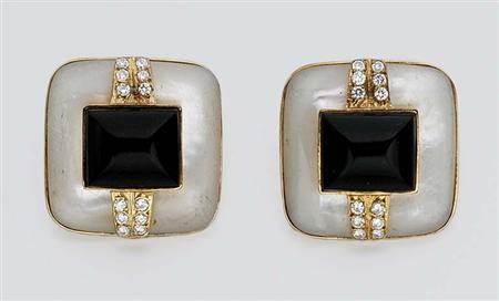 Lot image - Pair of Gold, Mother-of-Pearl, Black Onyx and Diamond Earclips