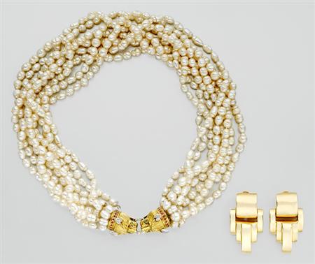 Lot image - Eight Strand Freshwater Pearl Necklace and Pair of Gold Earrings