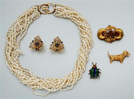 Lot image - Group of Gold Jewelry and Multistrand Freshwater Pearl Torsade Necklace