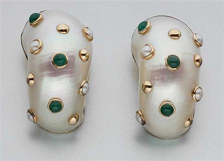 Lot image - Pair of Gold, Shell, Split Pearl and Cabochon Emerald Earclips