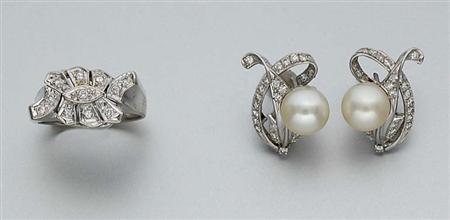 Lot image - Diamond Ring and Pair of Cultured Pearl and Diamond Earrings