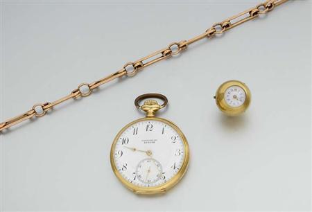 Lot image - Gold Open-Face Pocket Watch, Ball Pendant-Watch and Watch Chain