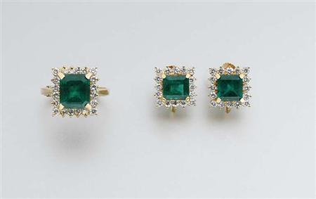 Lot image - Emerald and Diamond Ring and Pair of Earclips