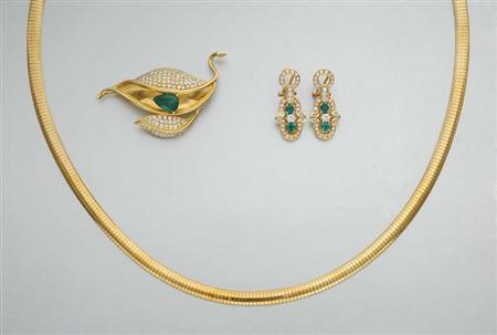 Lot image - Gold Necklace, Emerald and Diamond Leaf Pendant-Brooch and Pair of Pendant Earclips
