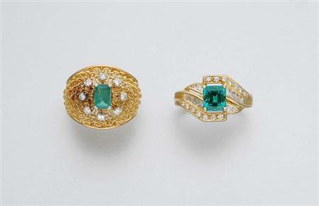 Lot image - Two Gold, Emerald and Diamond Rings